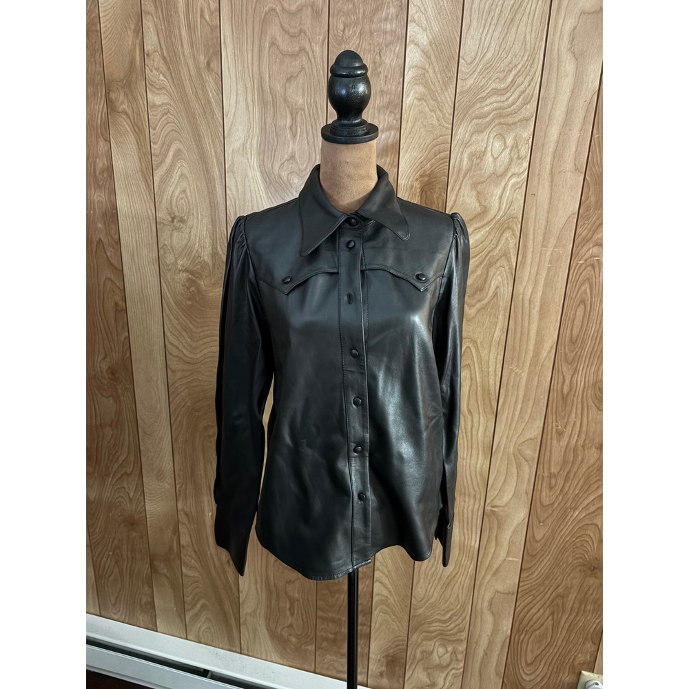 Joie Black Lamb Leather Western Button Down Shirt Top Small Flawed